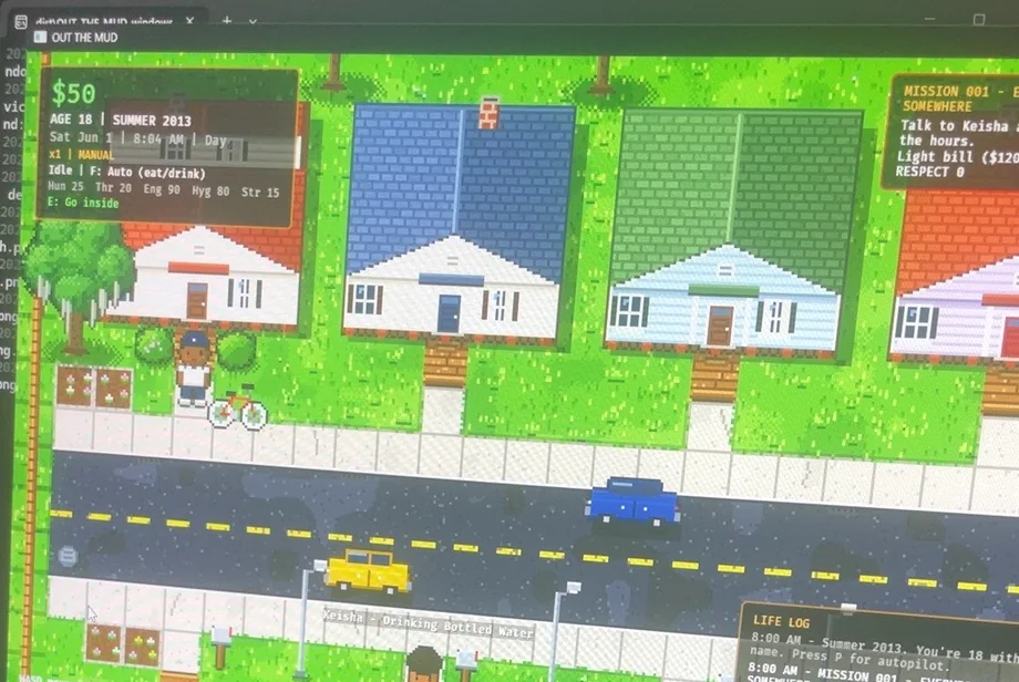 Early OUT THE MUD alpha showing houses, characters, a road and vehicles in a pixel-style neighborhood